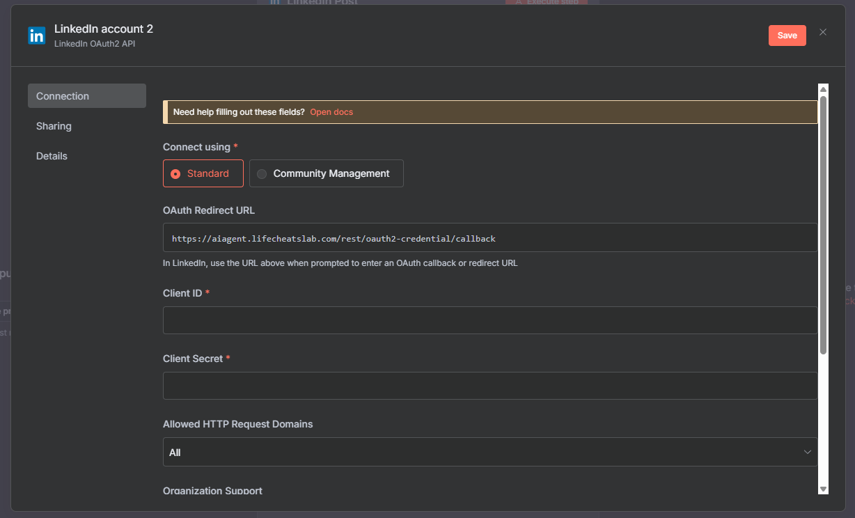 n8n Linkedin 節點中紅框標示的憑證欄位