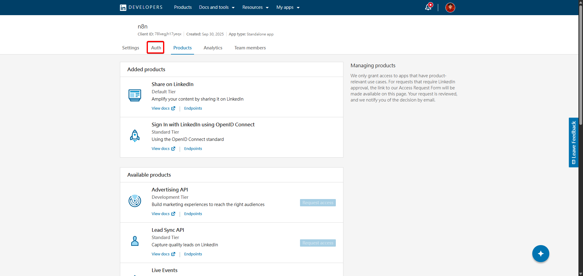 Linkedin 應用程式設定頁面中的「Auth」分頁