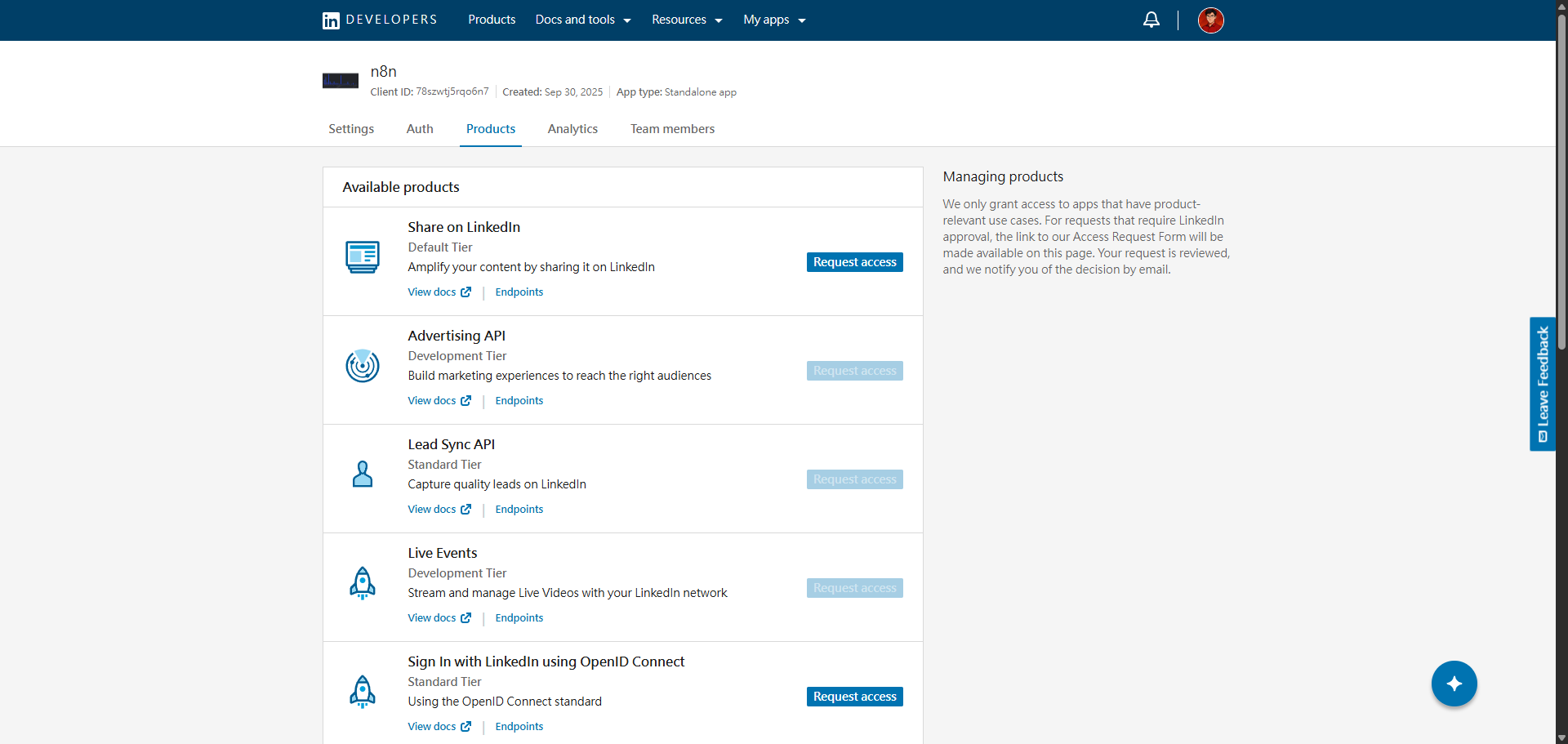 選擇 Linkedin 應用程式權限，包括 OpenID Connect 和 Share on LinkedIn
