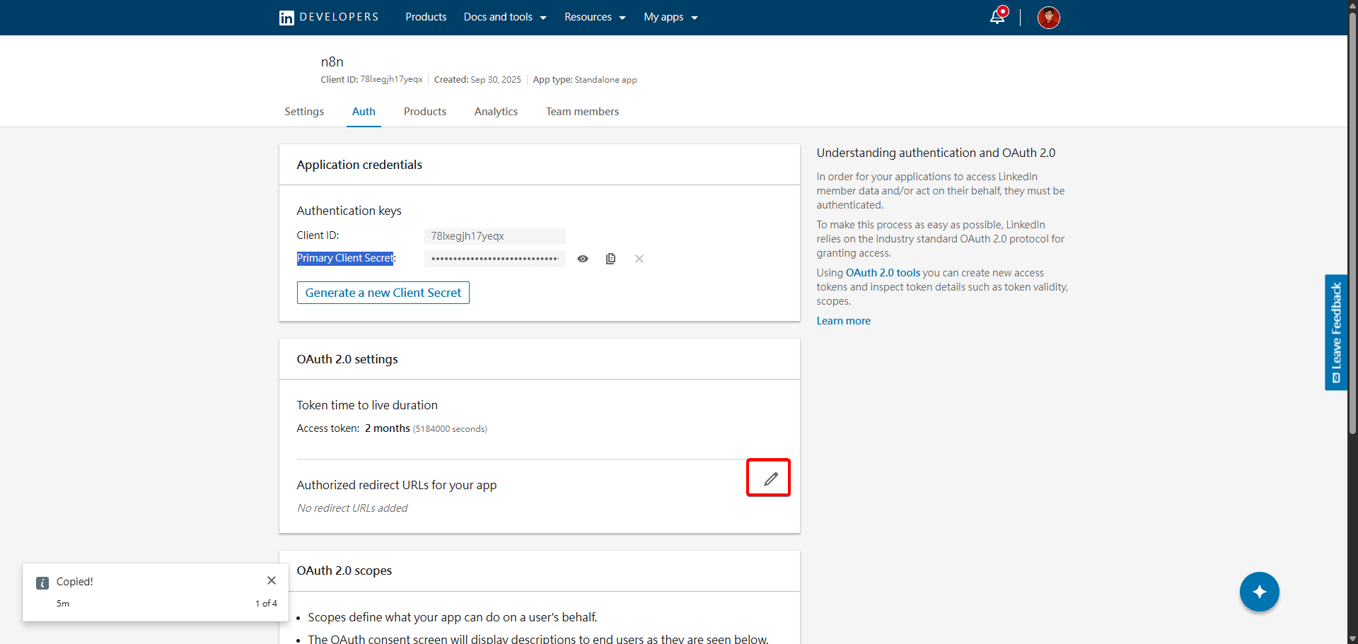 Linkedin 應用程式後台的 OAuth 2.0 設定