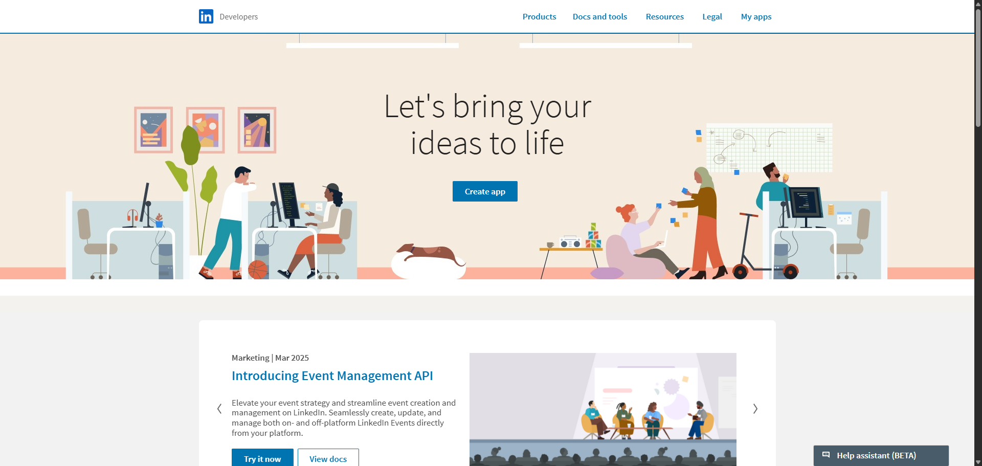 Linkedin 開發者頁面，顯示「Create app」按鈕