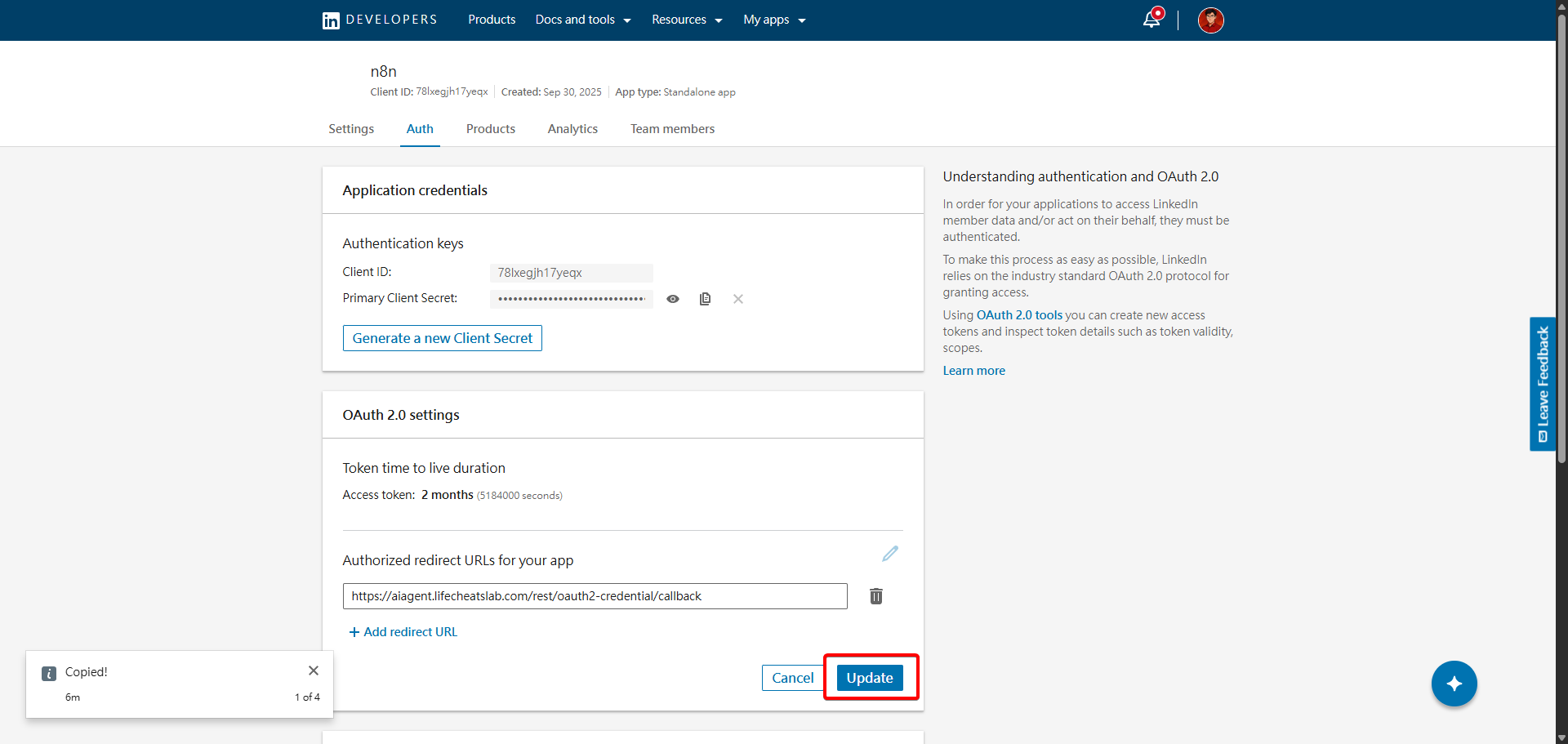 將 n8n 的 OAuth Redirect URL 貼到 Linkedin 設定中