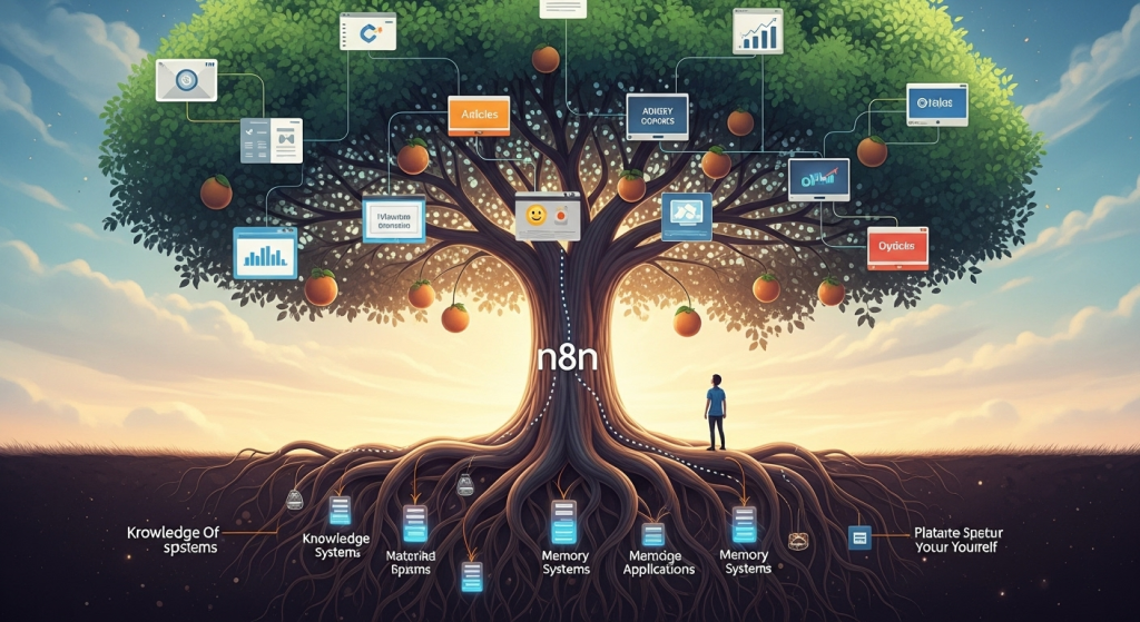 象徵 n8n 自動化系統性成長的數位大樹，代表一人公司透過 n8n 教學與實踐，達成可複利的 n8n 創業目標。
