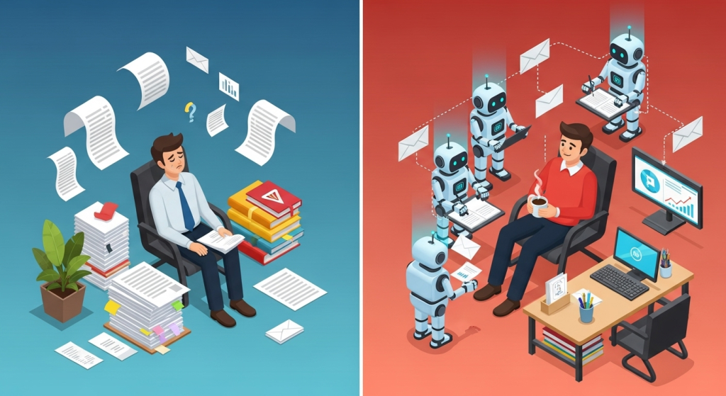 n8n 自動化實戰案例對比圖，左邊是疲憊的創業者，右邊是透過 n8n 創業成功解放時間的一人公司。