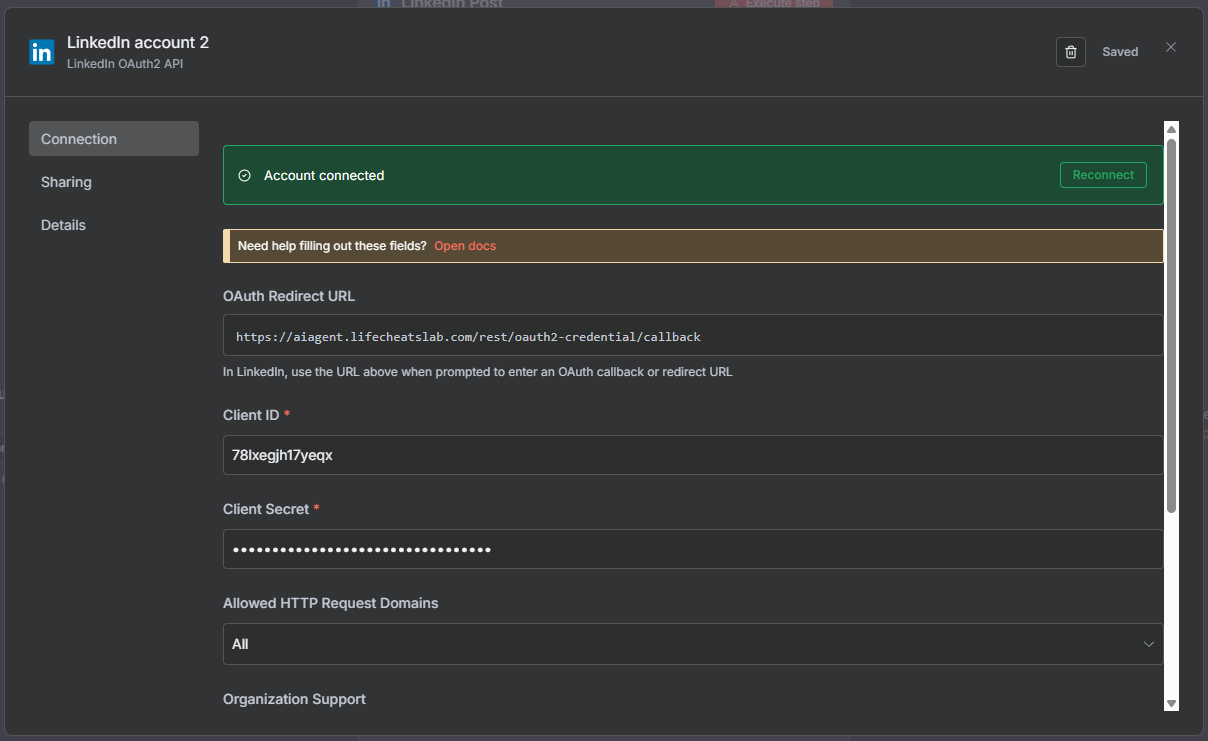 n8n 憑證列表中顯示已成功建立並驗證的 Linkedin 憑證