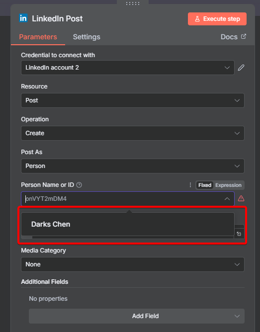 成功連結後，在 n8n Linkedin 節點中可以選擇自己的帳號