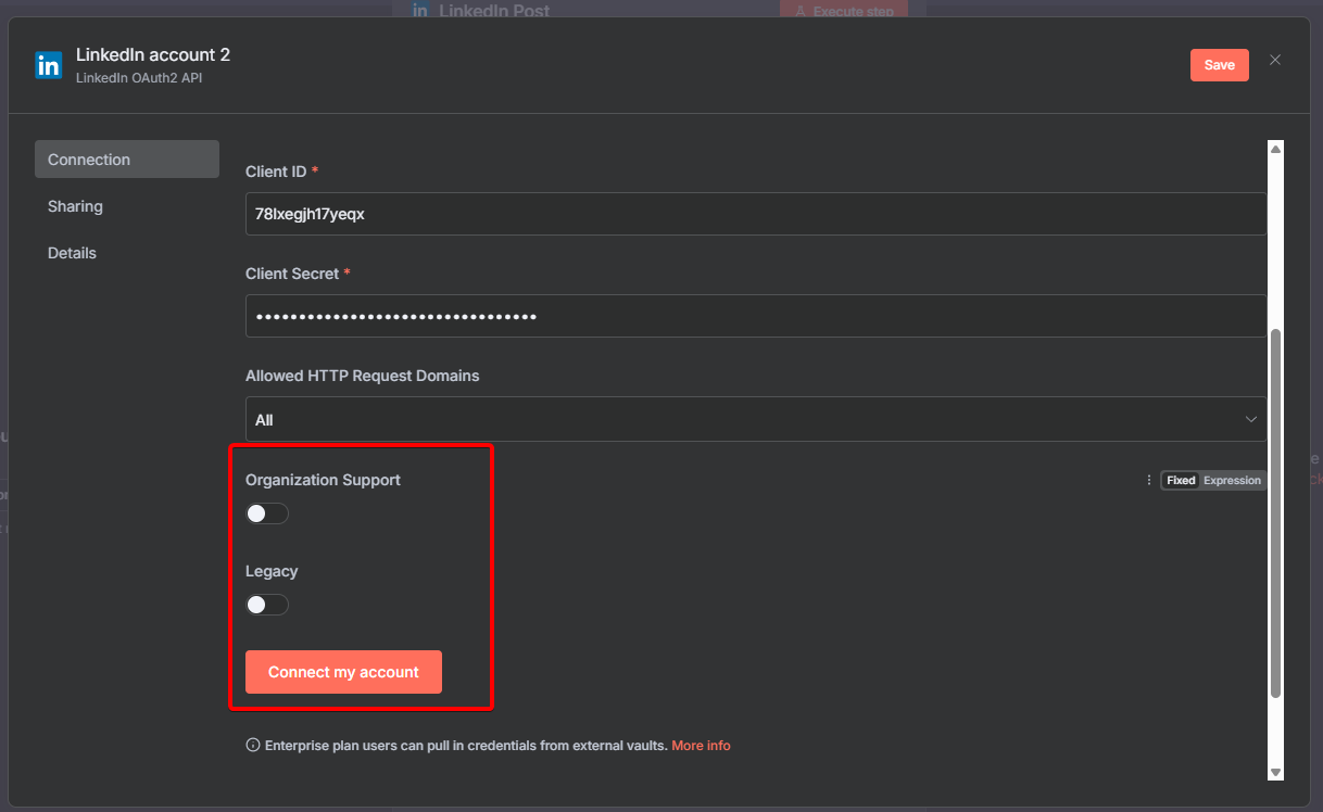 關閉 Organization Support 和 Legacy 選項後，點擊按鈕開始 Linkedin 認證