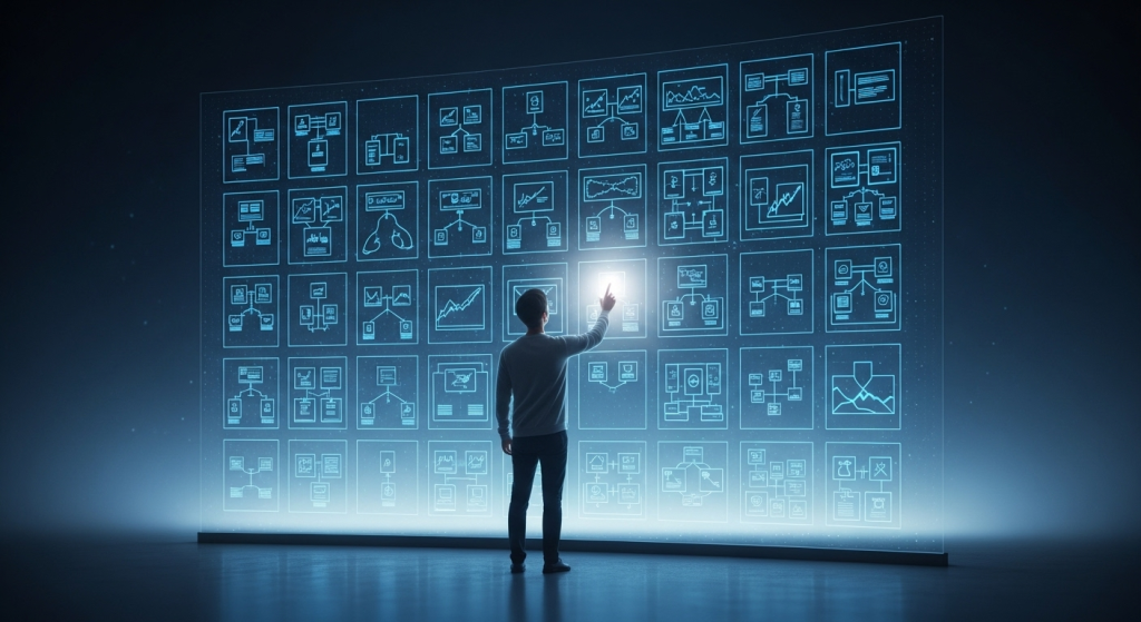 使用者從一面充滿藍圖的牆上選擇一個工作流模板，這代表我們提供的 n8n 入門資源整理 包含了豐富的範例，幫助你快速建立AI自動化工作流 免費版。