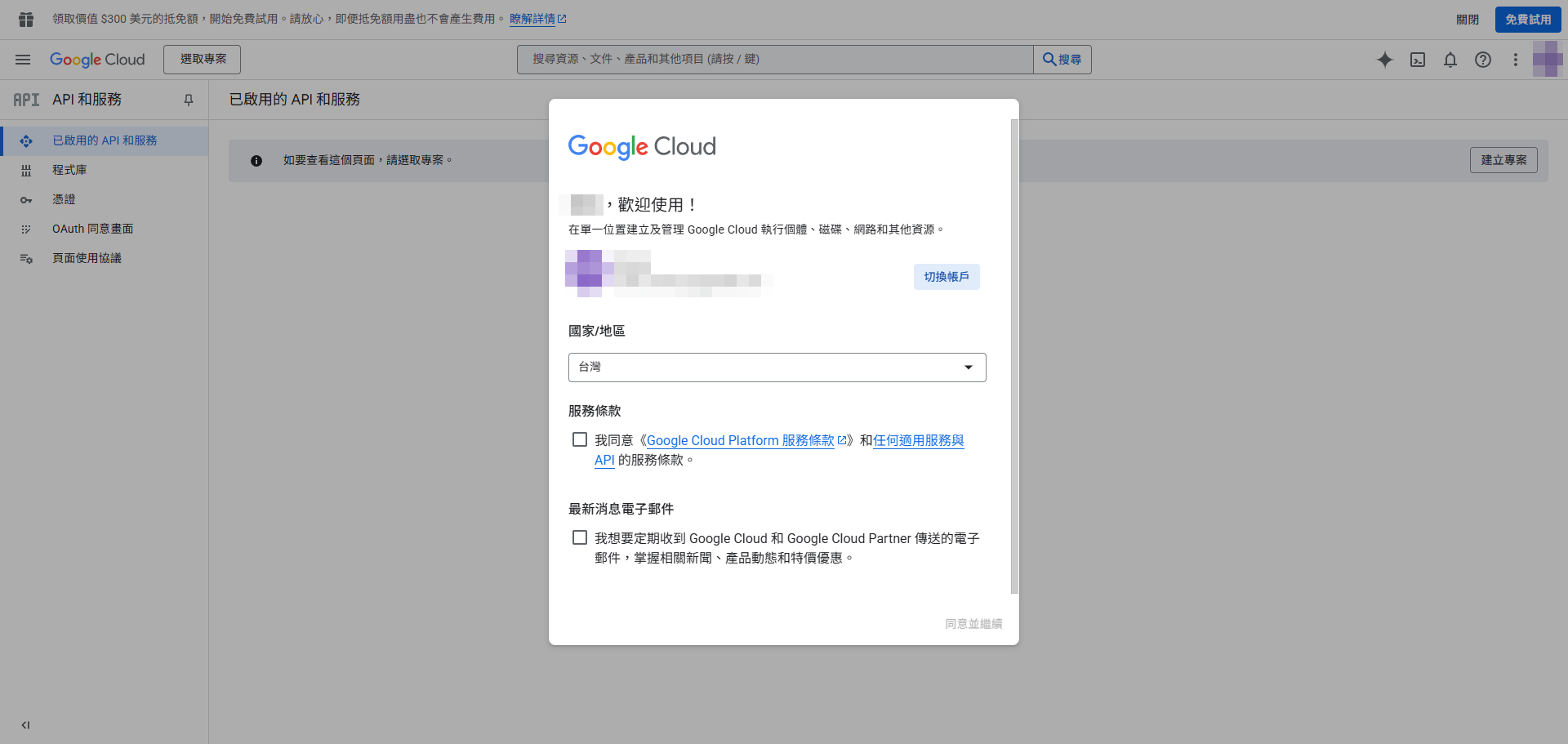 Google API Console 的歡迎畫面，顯示服務條款同意提示
