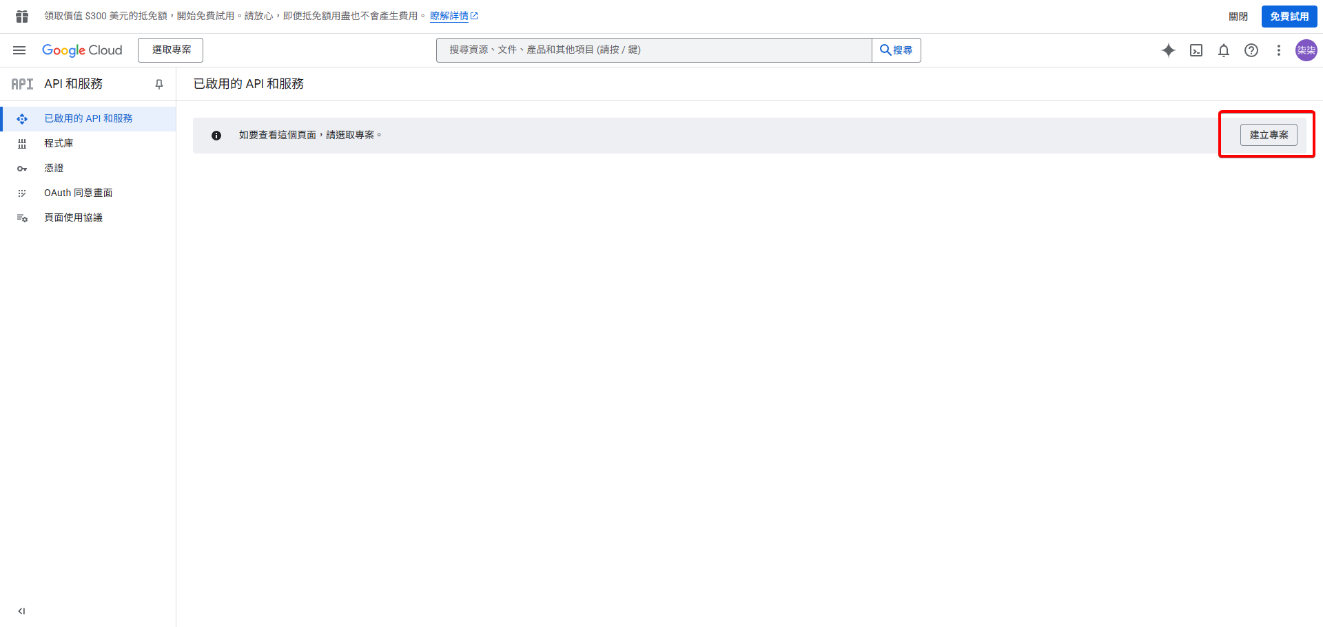 在 Google API Console 儀表板點擊「建立專案」