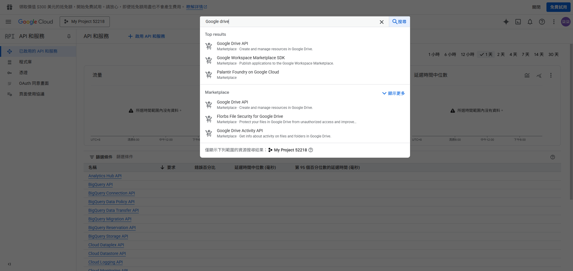 在 API 搜尋框中輸入「Google Drive」