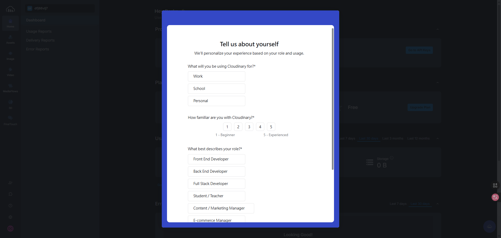 Cloudinary使用者個人資料調查問卷填寫頁面。