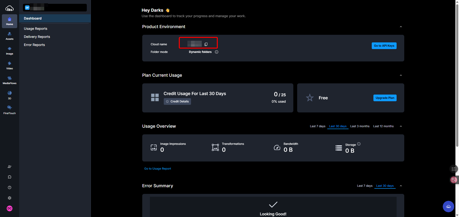 在Cloudinary儀表板找到並複製Cloud Name作為API串接的ID。