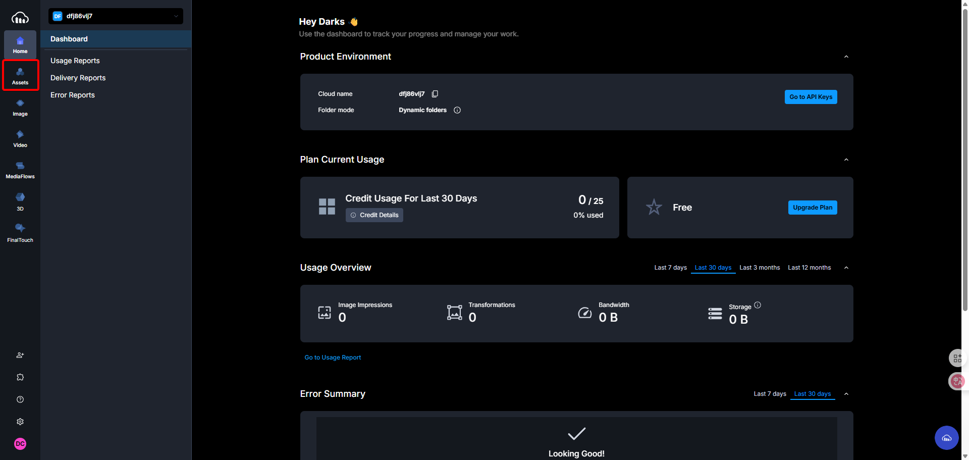 從Cloudinary左側導覽列點擊Assets進入資源管理。