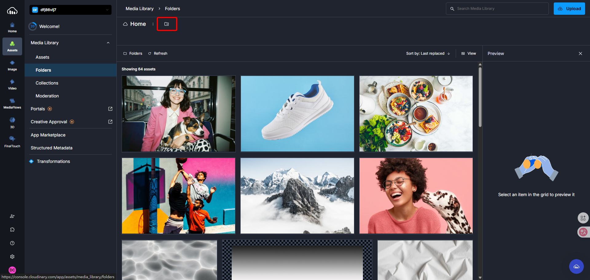 在Cloudinary中點擊按鈕以新增圖片上傳用的資料夾。