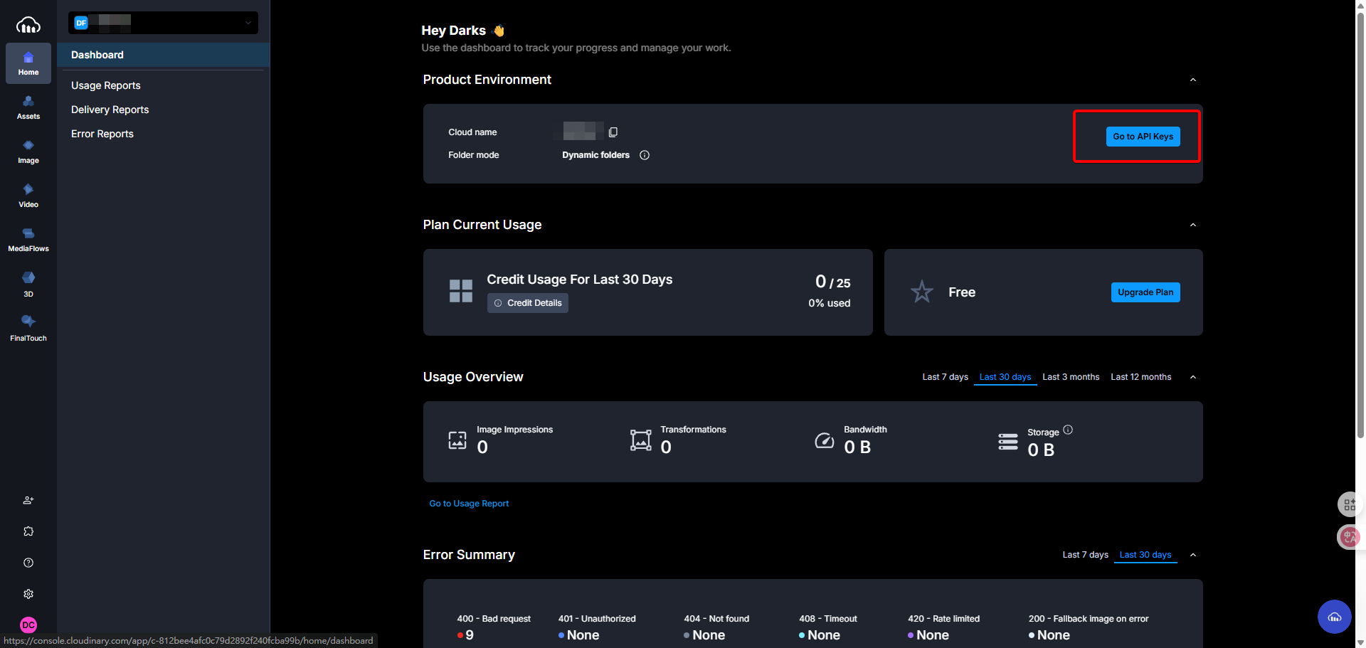 在Cloudinary儀表板點擊Go to API Keys前往API設定。