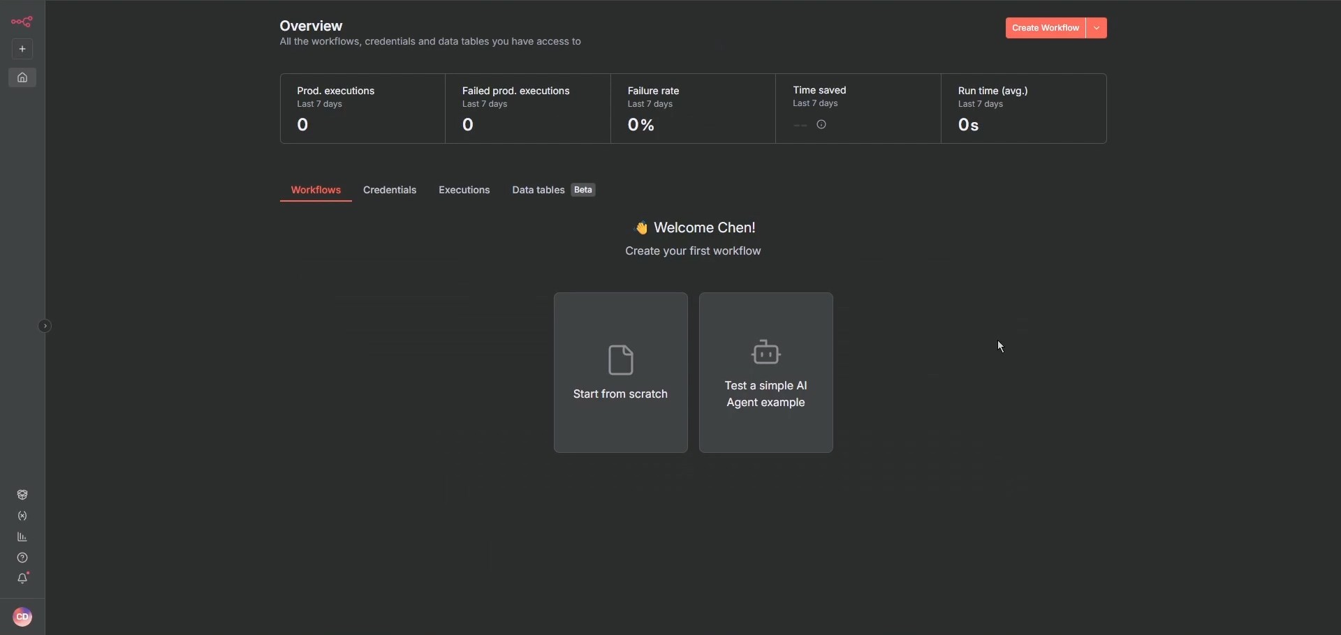 成功登入 n8n 後的主控台，顯示「Welcome Chen!」的歡迎訊息。