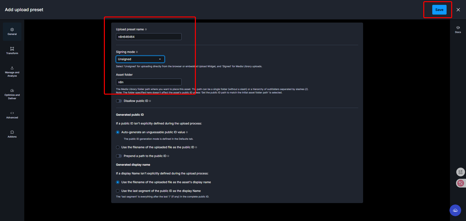 設定Cloudinary新的Upload Preset，包含命名、將簽署模式改為Unsigned、並指定上傳資料夾。