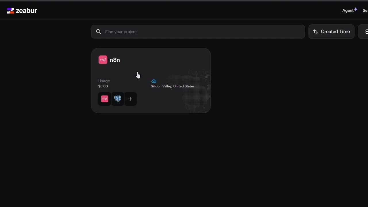 Zeabur 的專案列表頁面，顯示已建立的 n8n 專案。