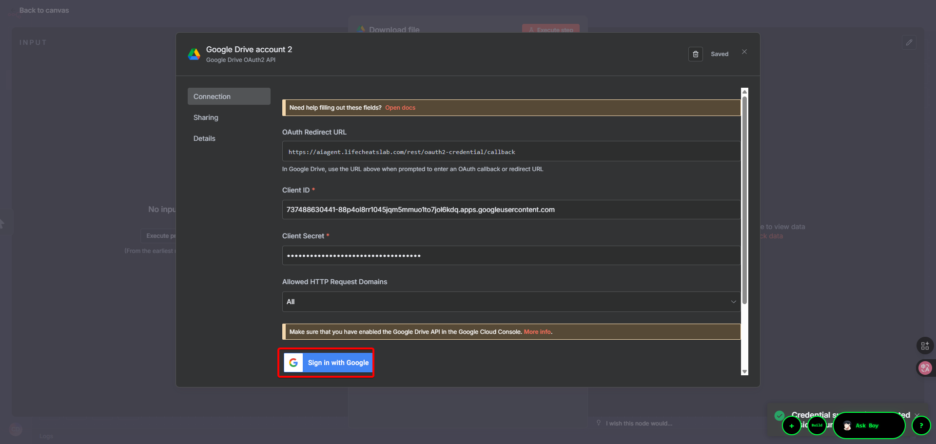在 n8n 中點擊登入 Google 帳號