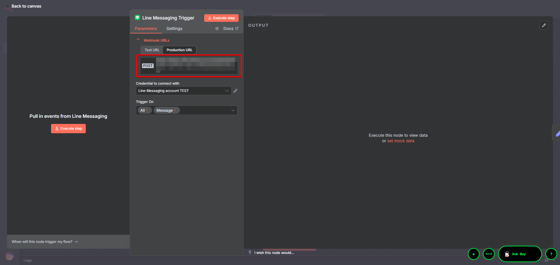 在n8n的Line節點中，使用者切換到「Production URL」並複製Webhook網址，以便貼回Line後台。
