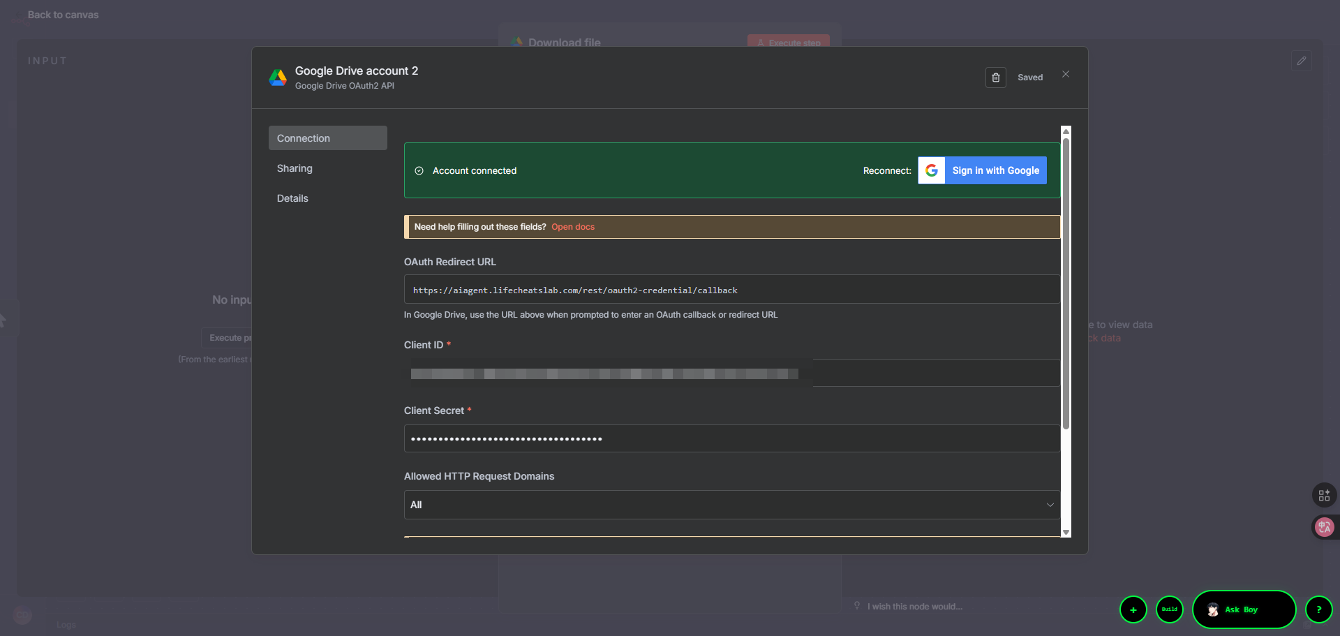 n8n 中憑證成功連接的畫面