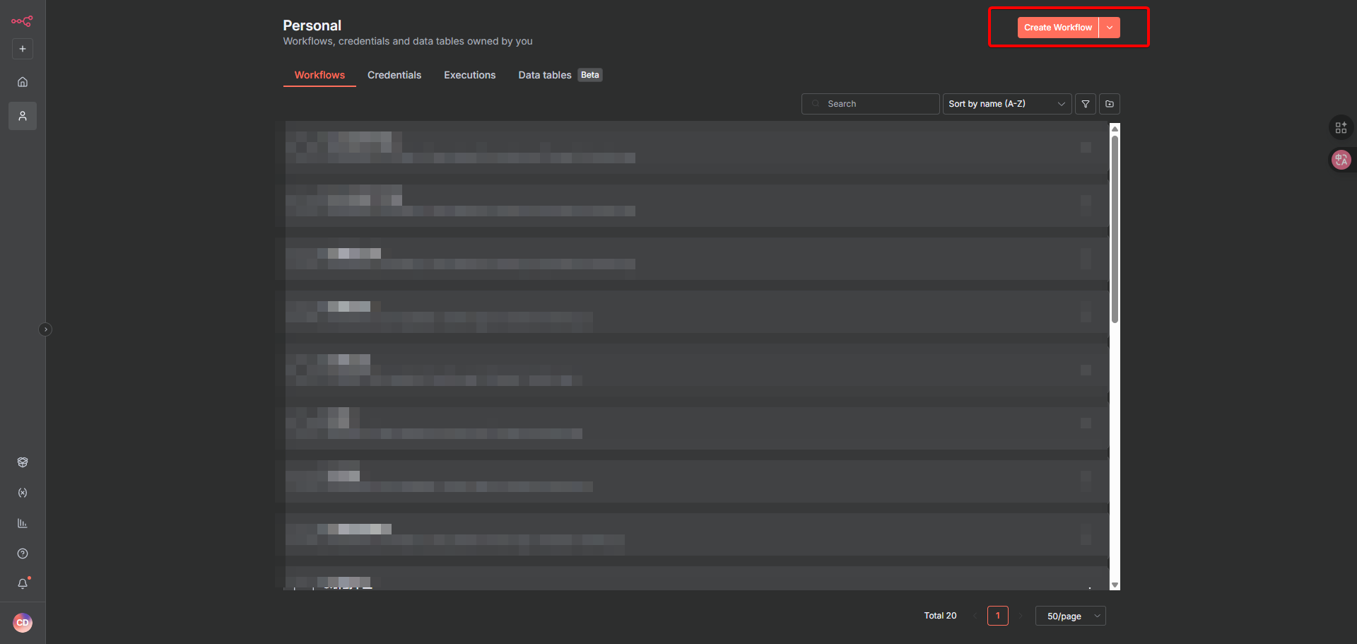 n8n 登入後的主選單畫面，右上角的「新建工作流」按鈕被紅色框線標示出來。