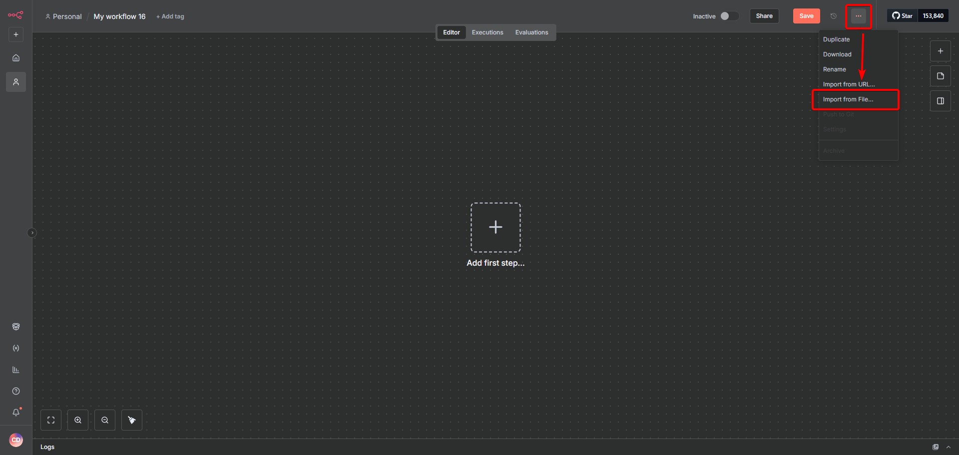n8n 的空白工作流畫布，畫面顯示點擊右上角的三個點後，選擇「從檔案匯入」的選項。