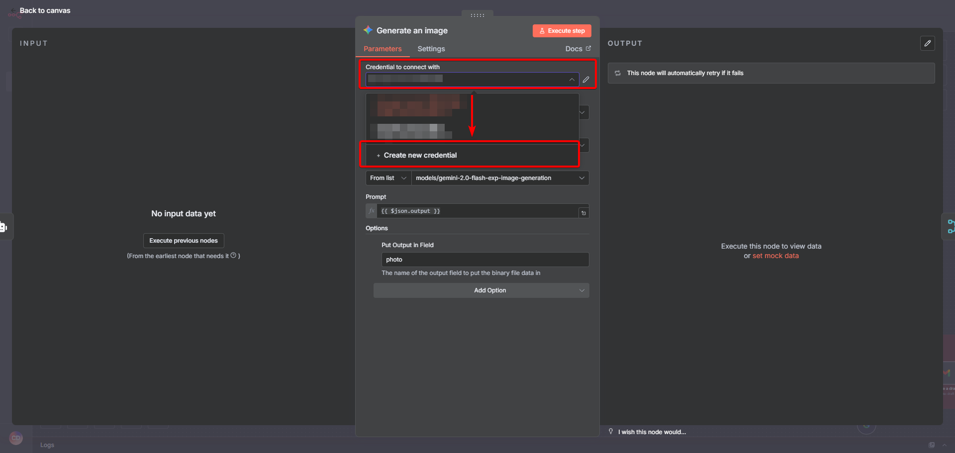 n8n 中的 Gemini 節點設定畫面，紅框依序標示出如何點擊並創建一個新的 API 憑證。