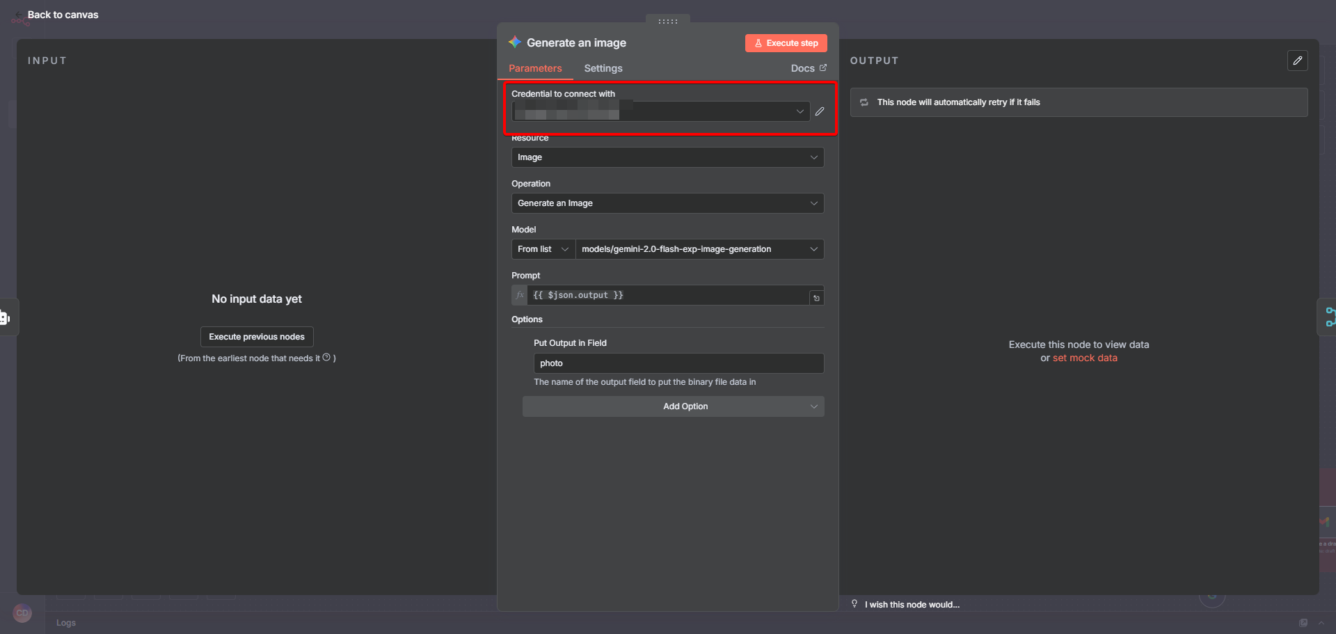 n8n 節點的設定畫面，使用者正在從「Credential」下拉選單中，選擇一個已經建立好的 API 憑證。
