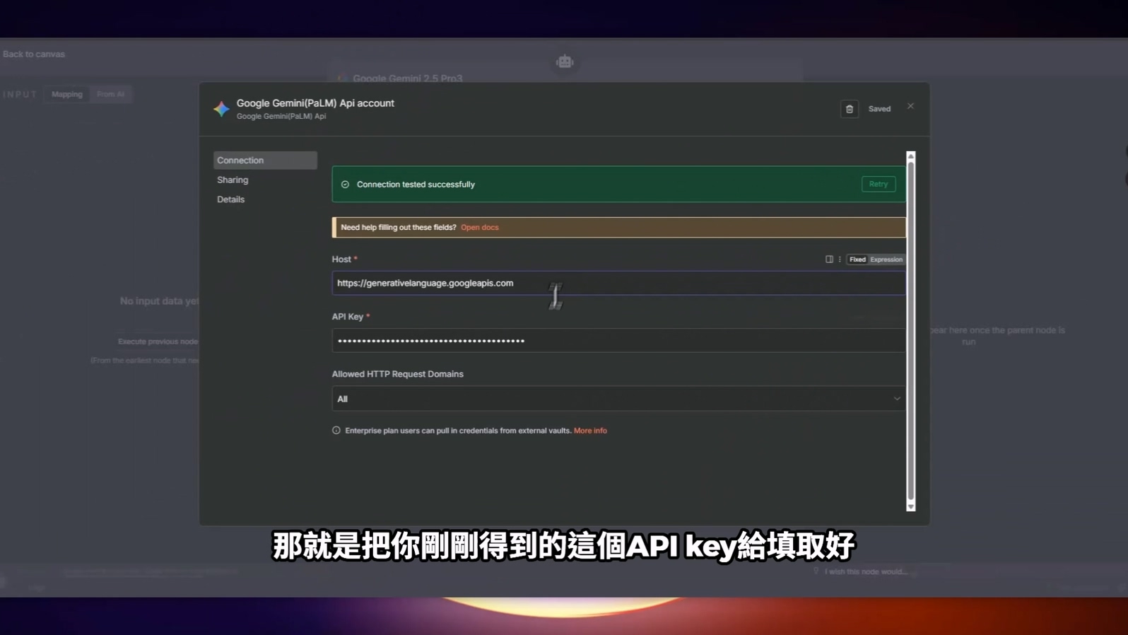 成功儲存Gemini API金鑰憑證