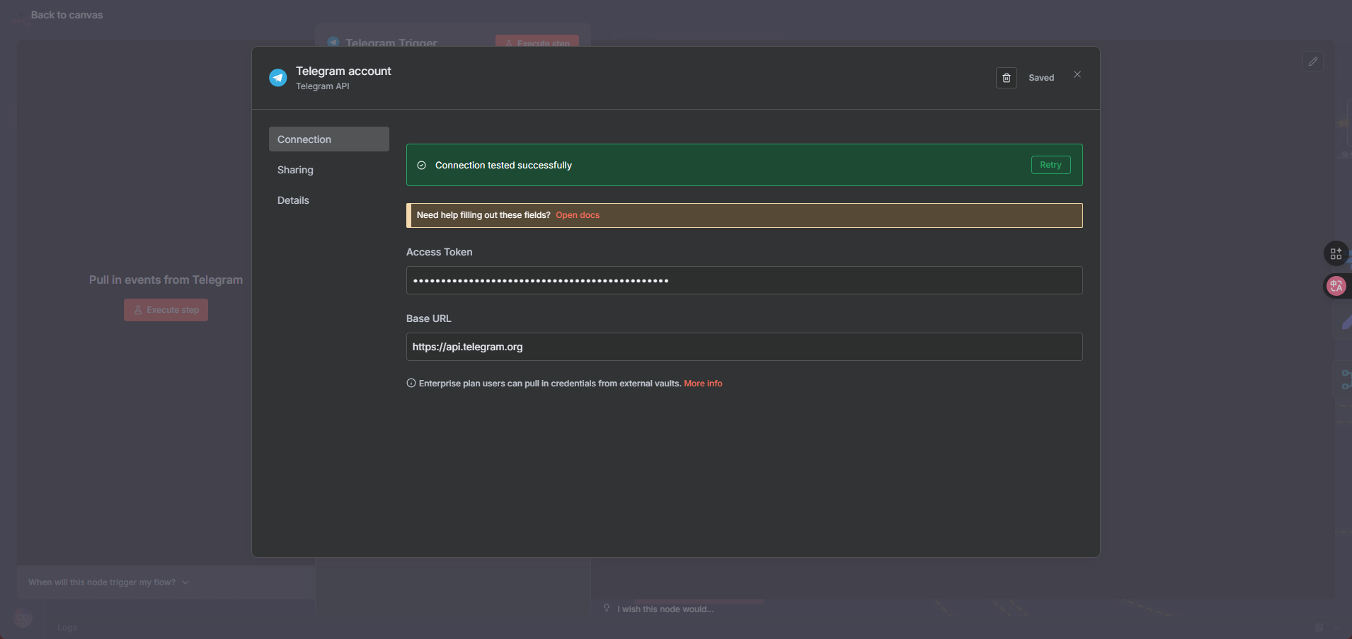 在n8n憑證設定中填入Telegram Bot的API Token