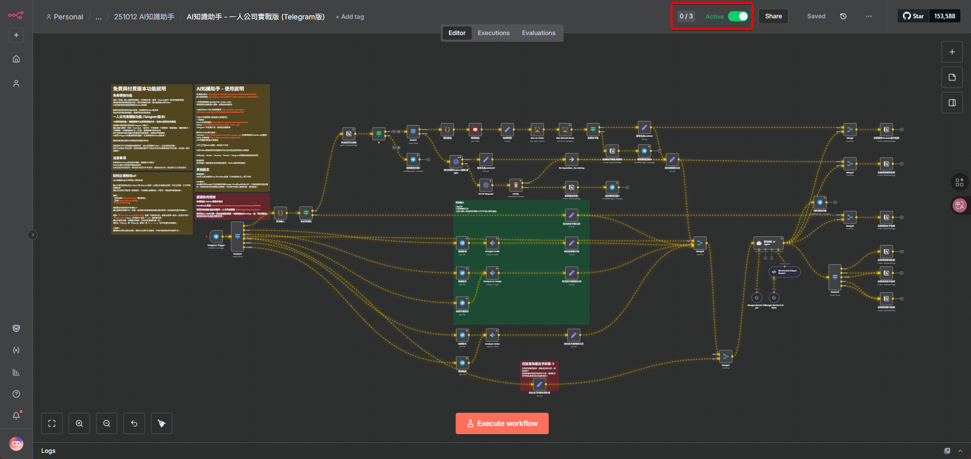 為n8n中其他的Telegram節點選擇剛建立好的憑證並啟用工作流