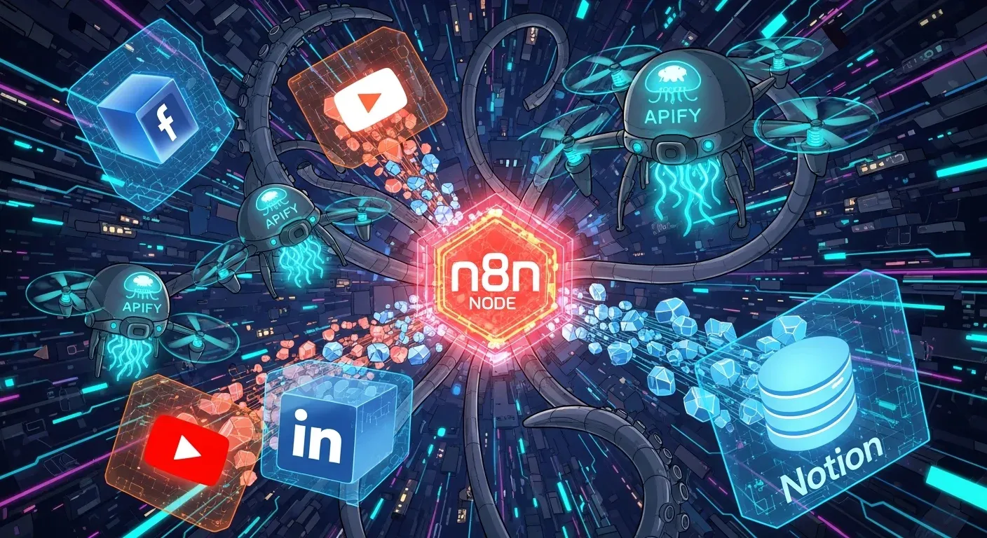 n8n 與 Apify 自動化爬蟲整合工作流程，串接 Facebook、YouTube、LinkedIn、Notion 社群與資料庫的視覺化示意圖