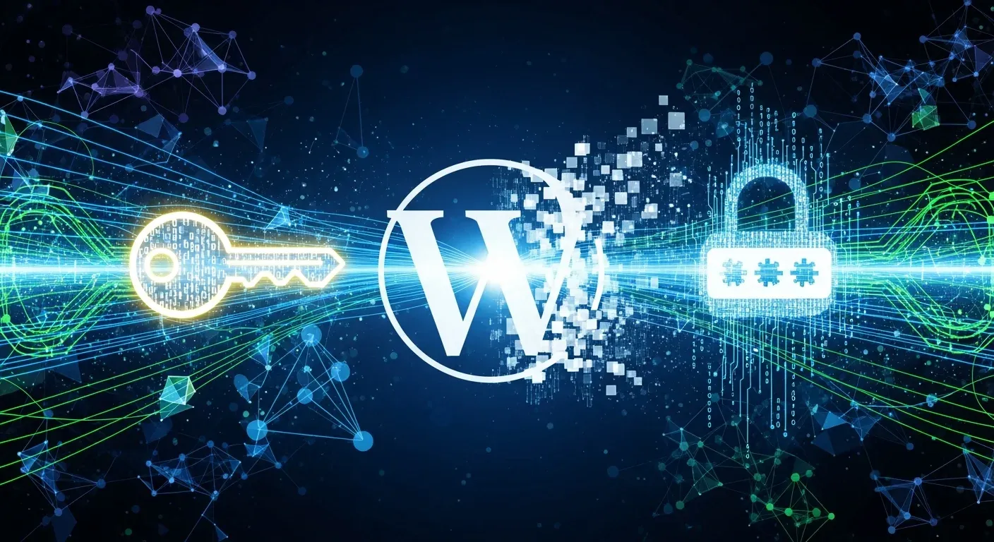 WordPress 與 API 應用程式密碼結合，象徵資料同步與資訊流動的圖片