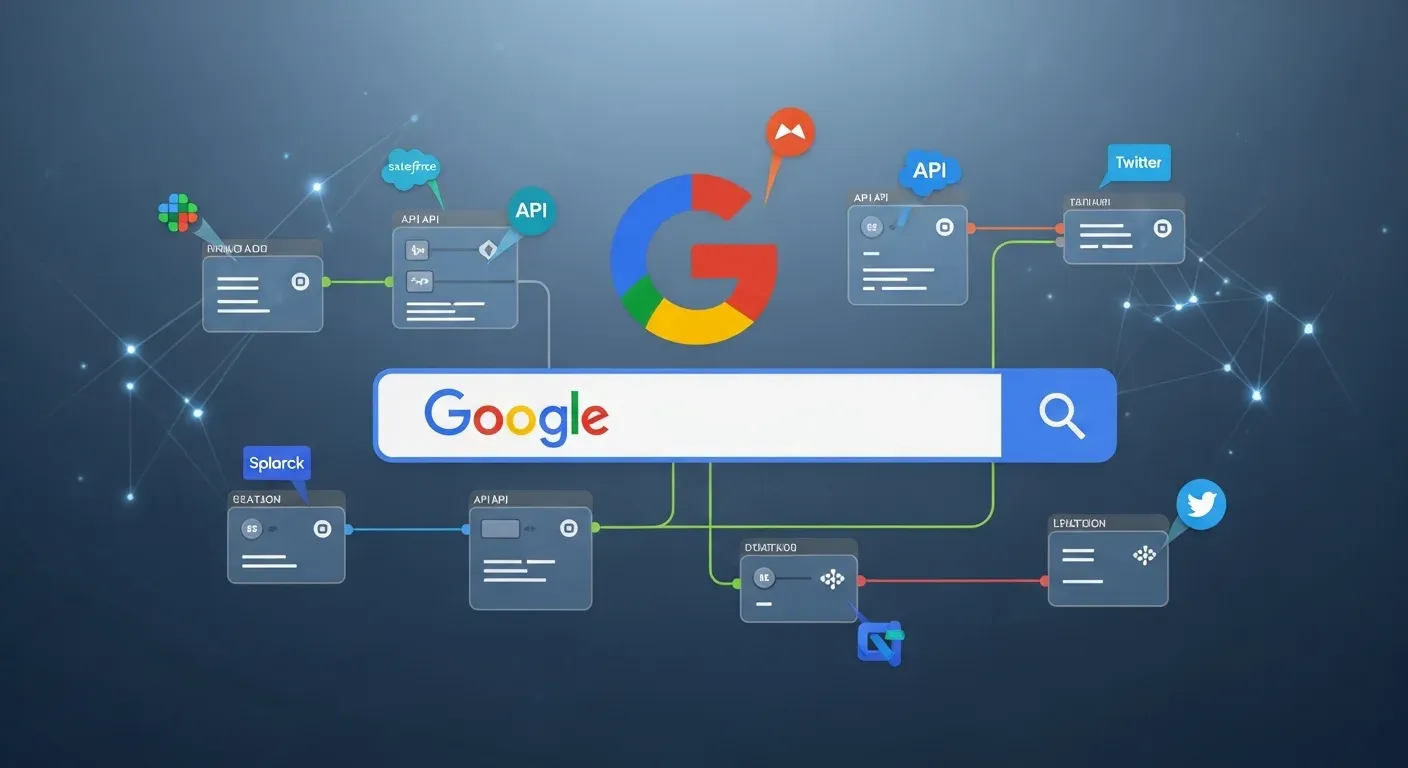 n8n自動化工作流介面結合Google搜尋欄與API節點，展示Google搜尋自動化流程圖。