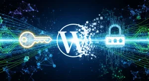 WordPress 與 API 應用程式密碼結合，象徵資料同步與資訊流動的圖片
