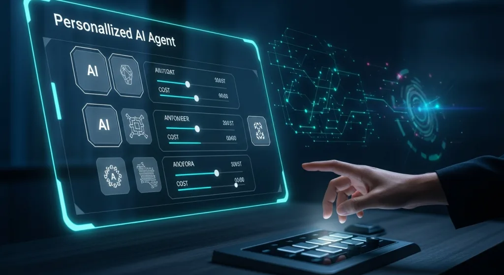 一位使用者在充滿科技感的介面中,組建個人化的 AI Agent,象徵著對自架AI助理費用的掌控與規劃。