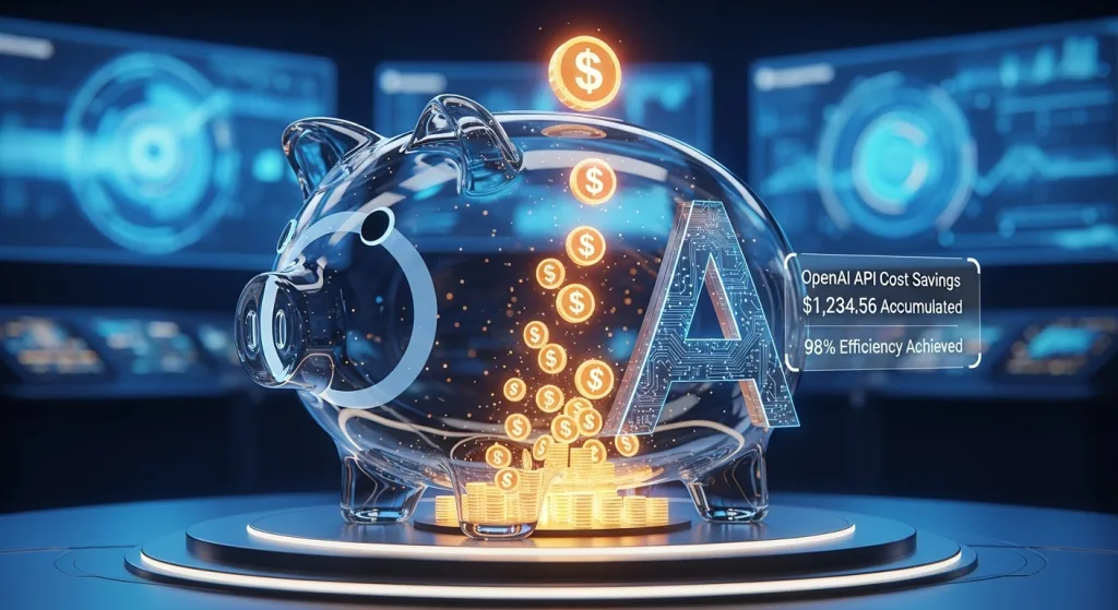 善用免費 OpenAI API 價格計算與額度,一個科技感存錢筒正在累積節省下來的成本,象徵最大化效益。
