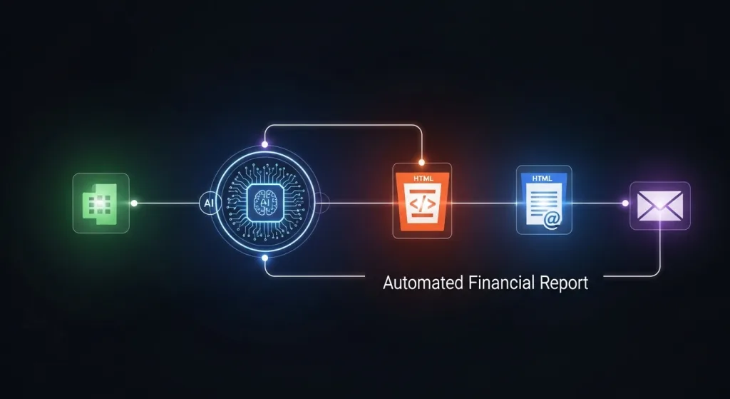 一個由發光節點和線條組成的n8n自動化工作流,從左到右依序連結了Google Sheets圖標、AI處理器圖標、HTML文件圖標,最終指向一個Email圖標,象徵著打造「自動化財務報表」的完整流程。