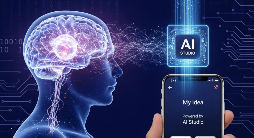 一個抽象的人腦中浮現出一個想法，這個想法透過AI Studio轉換成一個具體的應用程式，象徵著「不會寫程式做app，有想法就行」的核心概念。