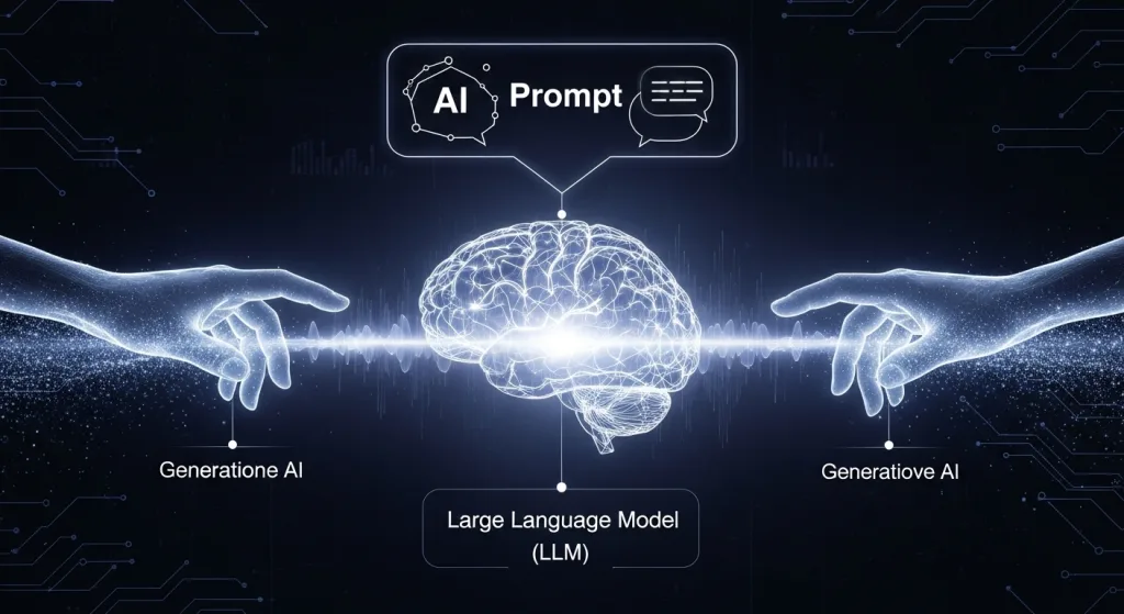 AI基礎概念示意圖,畫面中央有一個代表大型語言模型(LLM)的發光大腦,周圍有代表生成式AI的創造之手和代表提示詞(Prompt)的對話框。