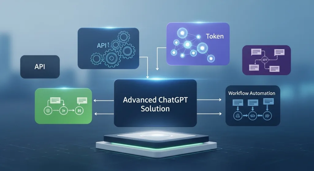 象徵進階ChatGPT術語解釋的示意圖,圖中有多個代表API、Token、工作流自動化(Workflow Automation)的抽象模塊,正在被組裝成一個完整的解決方案。