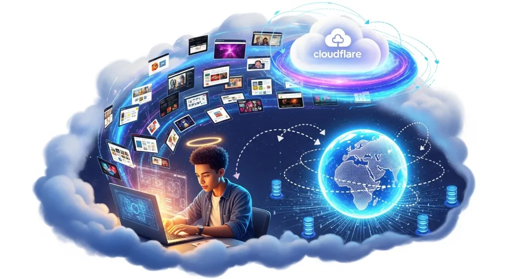 一位創作者將AI製作的網頁作品，透過Cloudflare Pages的雲端服務，輕鬆部署發佈到全世界的概念圖，象徵AI做網頁部署的簡單與強大。