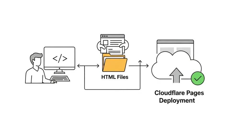 Cloudflare Pages 教學中如何上傳HTML到網站的流程示意圖,一名開發者將資料夾拖曳到雲端,輕鬆完成部署。