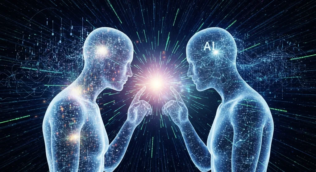 一名思考者與其發光的AI數位分身互動的抽象畫面，象徵著「如何讓AI更懂我」的核心概念。