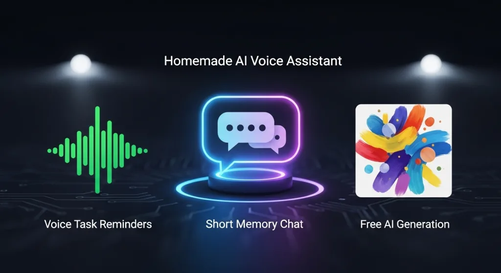 自製AI語音助理的三大核心功能:一個發光的對話框代表短期記憶聊天、一個聲波圖示代表語音任務提醒、一個抽象的圖像畫作代表免費AI圖片生成。