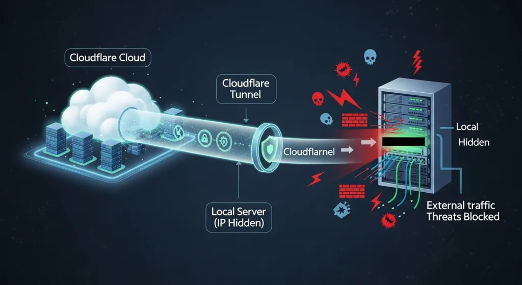 一張概念圖解說Cloudflare Tunnel教學的核心:一條從Cloudflare雲端直通本地伺服器的安全通道,有效隱藏真實IP位址,阻擋外部威脅。