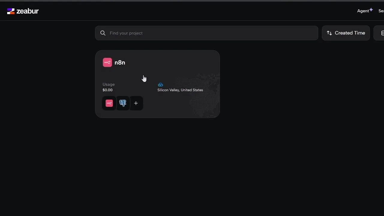 Zeabur 的專案列表頁面，顯示已建立的 n8n 專案。