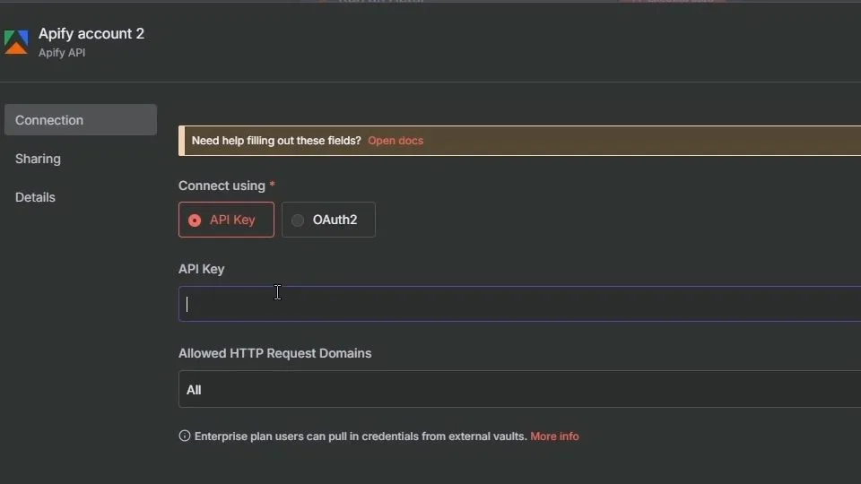 在n8n憑證處貼上複製的Apify API Key